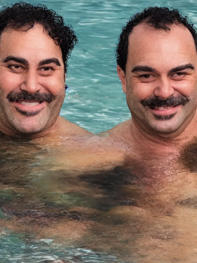 Image similar to a middle aged man, bulky build, black curly hair, receding hairline, thick dark eyebrows, big lips, smiling, small eyes, no beard, swimming at the bottom of the sea