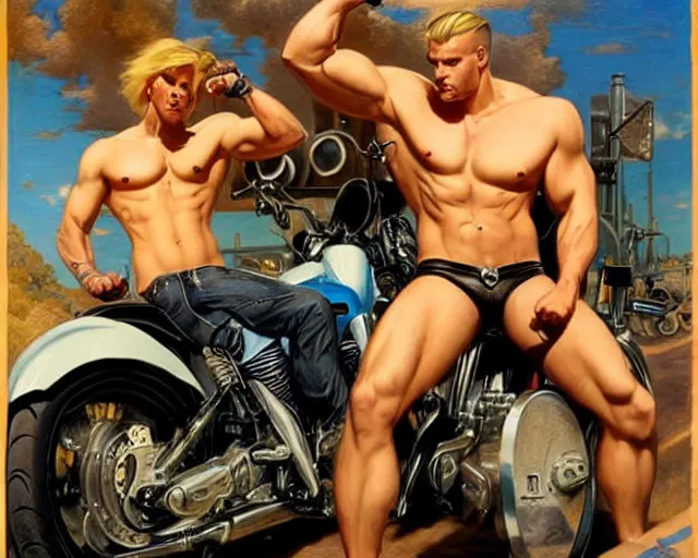 Image similar to handsome tattooed blonde gym bro next to a motorcycle, cool colors, hard angles, painting by gaston bussiere, craig mullins, j. c. leyendecker, tom of finland