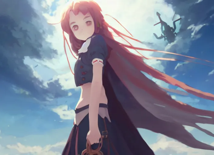 Prompt: inquisitor cute girl looking at the sea, helm of second world war warship in background, illustration concept art anime key visual trending pixiv fanbox by wlop and greg rutkowski and makoto shinkai and studio ghibli and kyoto animation, long hair, grimdark, symmetrical facial features, astral witch clothes, dieselpunk, backlit