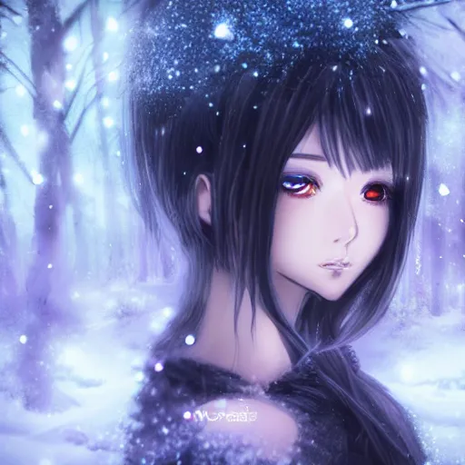 Image similar to focus face portrait of beautiful darkness knight 3D anime girl, ice amor wearing, dark forest background, snowing, bokeh, inspired by Masami Kurumada, digital painting, high contrast, unreal engine render, volumetric lighting, high détail