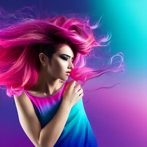 Image similar to a award winning half body shot of a beautiful woman in a croptop with a ombre purple pink teal hairstyle with head in motion and hair flying, outrun, vaporware, vivid colors, highly detailed, fine detail, intricate