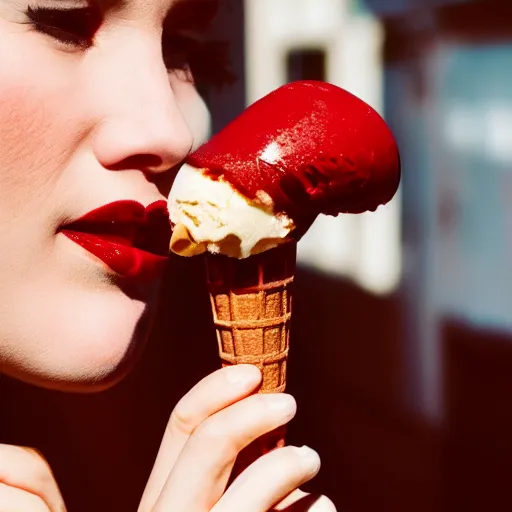 Image similar to a woman with red lipstick eating an ice cream cone extreme closeup