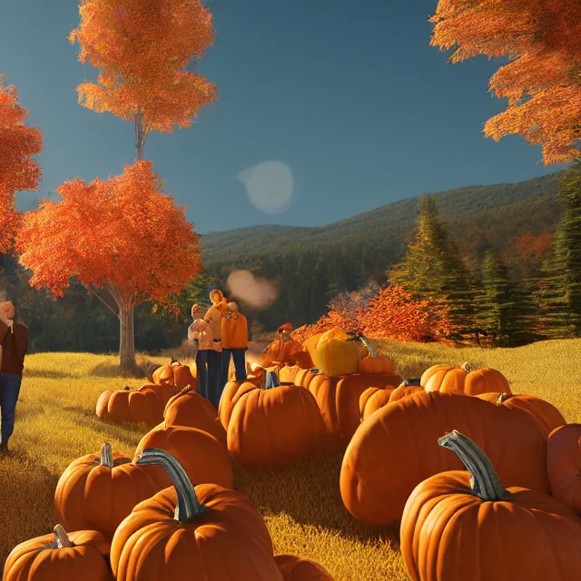 Prompt: pumpkin headed people ordering pumpkin coffee at a maple coffee stand, maple trees with fall foliage, on a mountain in new hampshire, volumetric, realistic, cinematic lighting, ray tracing, unreal engine 5, octane render, hyper realistic, photo, 8 k
