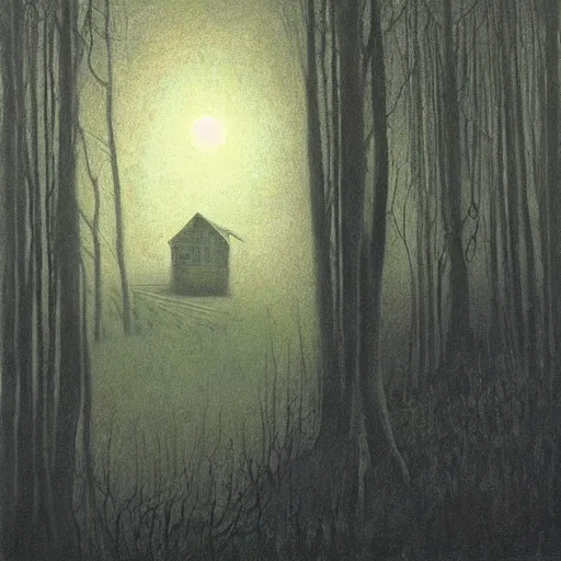 Image similar to a painting of a eerie cabin in the middle of the woods in the style of beksinski