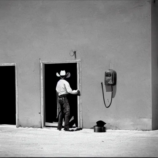 Prompt: a cowboy going through the door of an old gas station, Joshua Tree Park, dust flying, cinematography by Roger Deakins in cinemascope