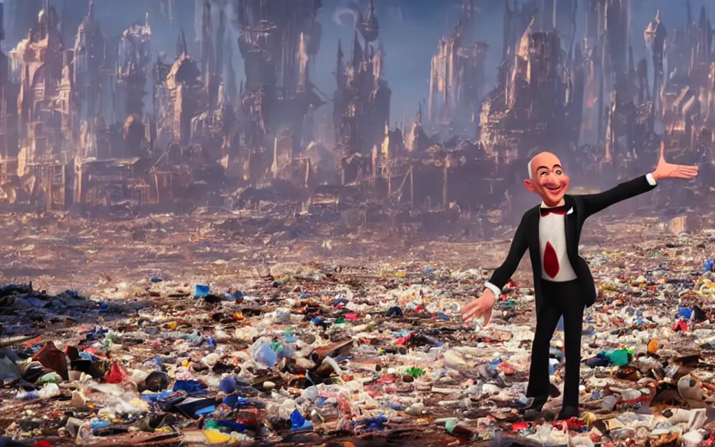 Image similar to a still from a disney animated film of jeff bezos dancing in a desolate wasteland, piles of trash scattered on the ground, city burning far in the background, 4 k