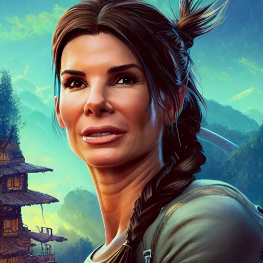 Prompt: Sandra Bullock as Lara Croft with pig-tails smiling, Alena Aenami, Petros Afshar, Noah Bradley, Anton Fadeev, Anato Finnstark, Steve Henderson, Filip Hodas, Mark Keathley, Thomas Kinkade, Phil Koch, Gilbert Williams, Mike Winkelmann, Beeple