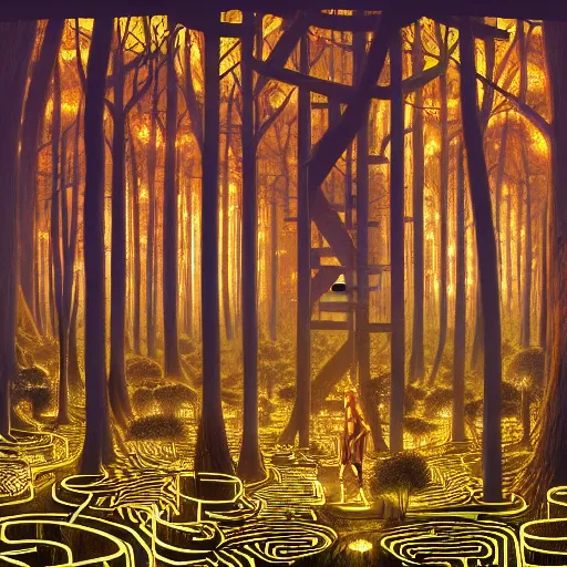 Prompt: a tall glowing maze in the dark forest, digital painting by Dan Mumford and James Jean and Greg Rutkowski, panoramic view, light and shadow