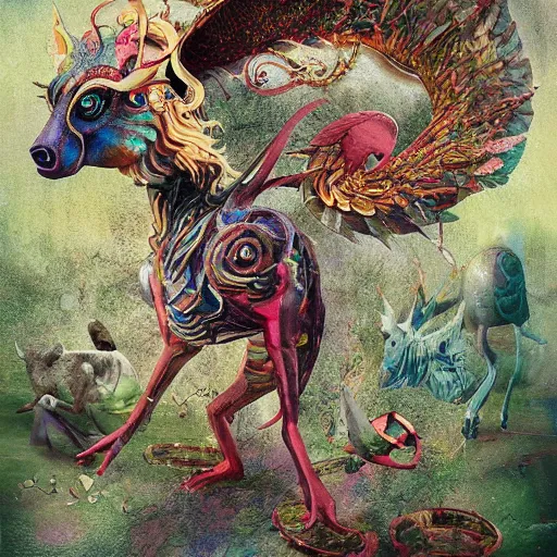 Prompt: strange mythical beasts of whimsy, surreal mixed media colllage by Ronny Khalil