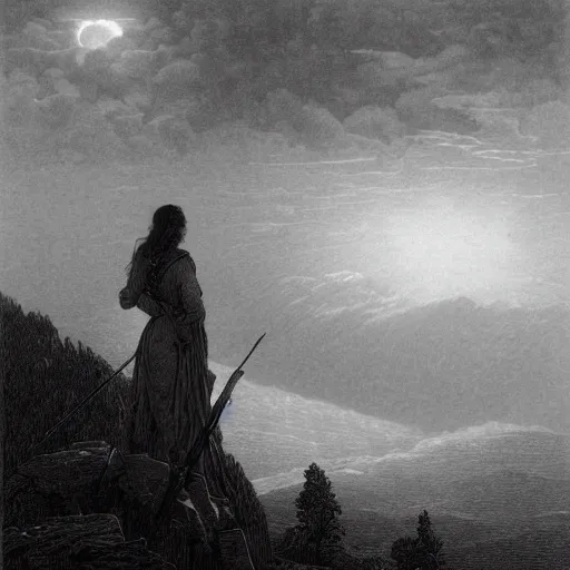 Prompt: A widow looks from a mountaintop, mountains, gorgeous view, velly distant forest, distant city, distant glow, night, moon, dramatic light, Chiaroscuro, long shadows, dark, thunderclouds, masterpiece, high detail, detailed, illustration by Paul Gustave Doré