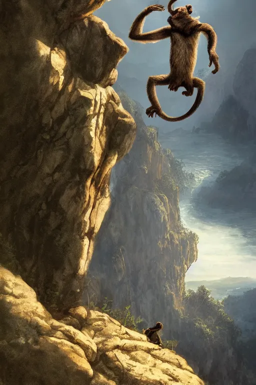 Image similar to a monkey standing at the top of a cliff throwing a bone in the air , dramatic lighting, cinematic, establishing shot, extremly high detail, photorealistic, cinematic lighting, artstation, style by James Gurney