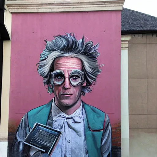 Image similar to Street-art portrait of doctor Emmett Brown from back to the future movie in style of Etam Cru