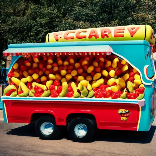 Image similar to the Oscar Meyer Weinermobile crashing into a fruit stand, photo, f1.7 35mm prime, award winning