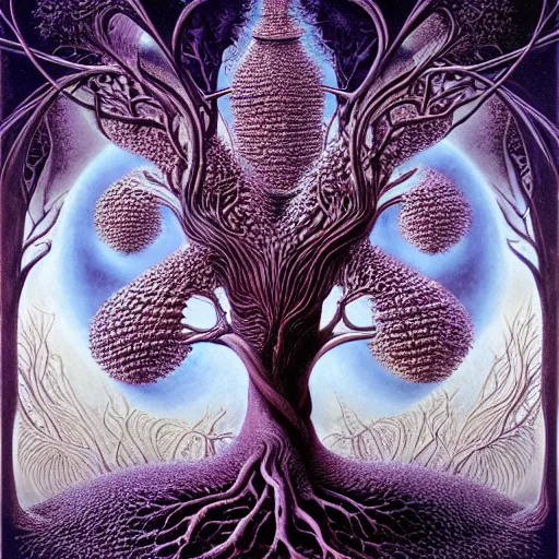 Image similar to sacred mulberry tree by roger dean and andrew ferez, art forms of nature by ernst haeckel, divine chaos engine, tree of life, symbolist, visionary, art nouveau, botanical fractal structures, lightning, surreality, lichtenberg figure