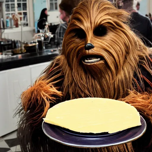 Prompt: dutch chewbacca wearing clogs and eating cheese