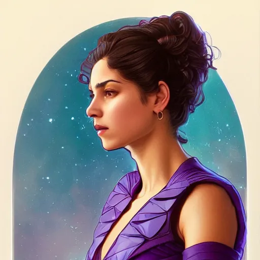 Prompt: Portrait of very very very very very very beautiful Latina woman, spacesuit, purple eyes, intricate, elegant, highly detailed, digital painting, artstation, concept art, smooth, sharp focus, illustration, art by artgerm and greg rutkowski and alphonse mucha