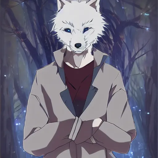 Image similar to key anime visual portrait of an anthropomorphic anthro wolf fursona, in a jacket, with handsome eyes, official modern anime art