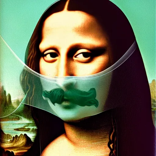 Prompt: realistic photoshoot color film photography, portrait of mona lisa with a mustache, woman, photo in style of Annie Leibovitz, medium format, hasselblad