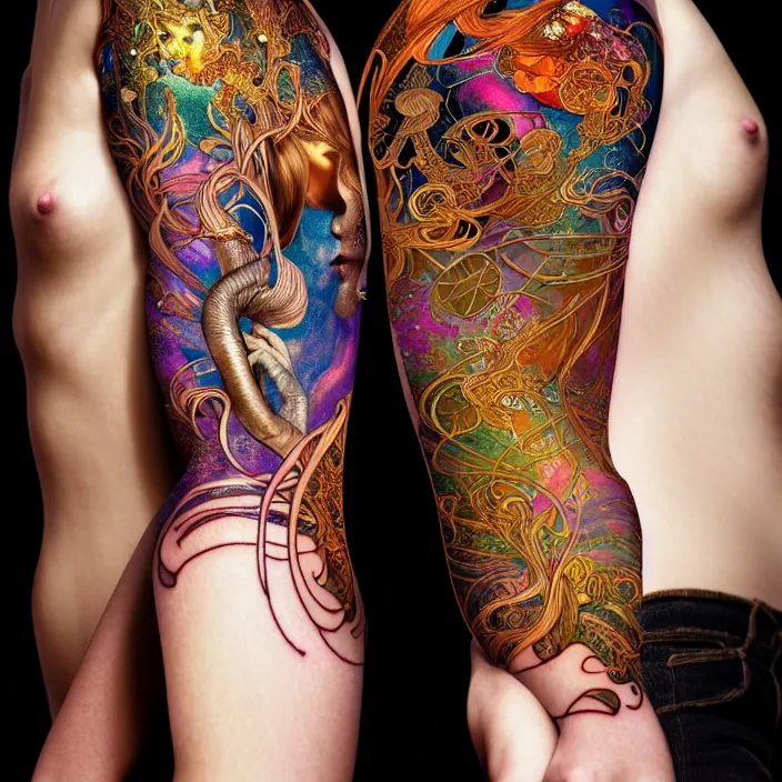 Image similar to psychedelic mushroom tattoo sleeve design, diffuse lighting, fantasy, intricate, elegant, highly detailed, lifelike, photorealistic, digital painting, artstation, illustration, concept art, smooth, sharp focus, art by John Collier and Albert Aublet and Krenz Cushart and Artem Demura and Alphonse Mucha