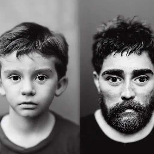 Prompt: portrait, face, symmetrical, left half old bearded man, right half young boy