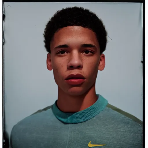 Image similar to realistic photoshoot for a new nike lookbook, color film photography, portrait of a beautiful caucasian person, in style of Tyler Mitchell, 35mm, graflex