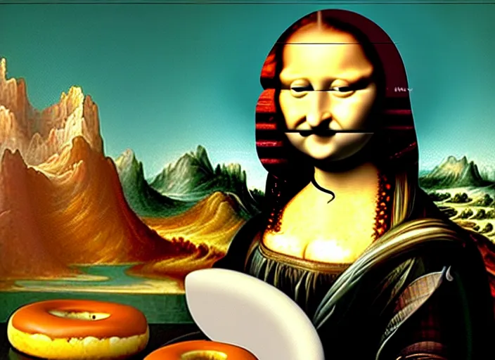 Image similar to monalisa made of donut, lowbrow, matte painting, 3 - d highly detailed, in the style of mark ryden,