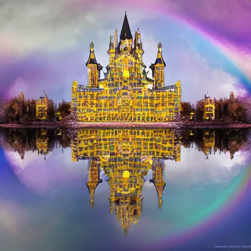 Image similar to a irisdescent bubble flies high in the clouds. a magical mirror castle floats in this bubble, with yellow diamonds on the facade and many filigree turrets, insanely detailed, 8 k, 3 d, splendid