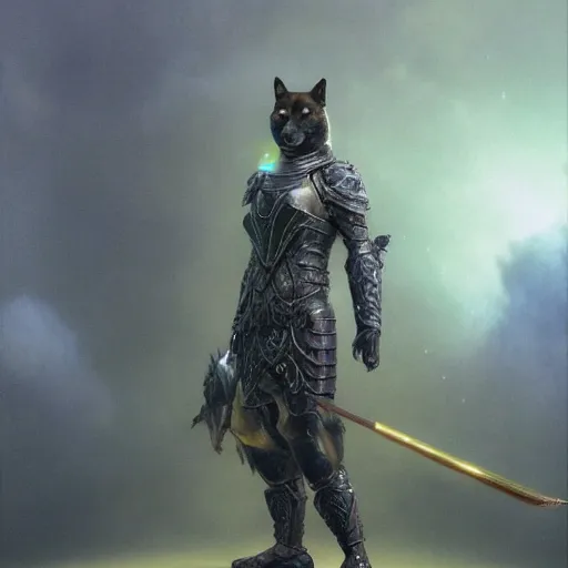 Image similar to demigod black armor, anthropomorphic shiba inu, shiba inu face, demigod, stuning 3 d render, masterpiece, glowing aura, by donato giancola and greg rutkowski and wayne barlow and zdzisław beksinski, realistic face