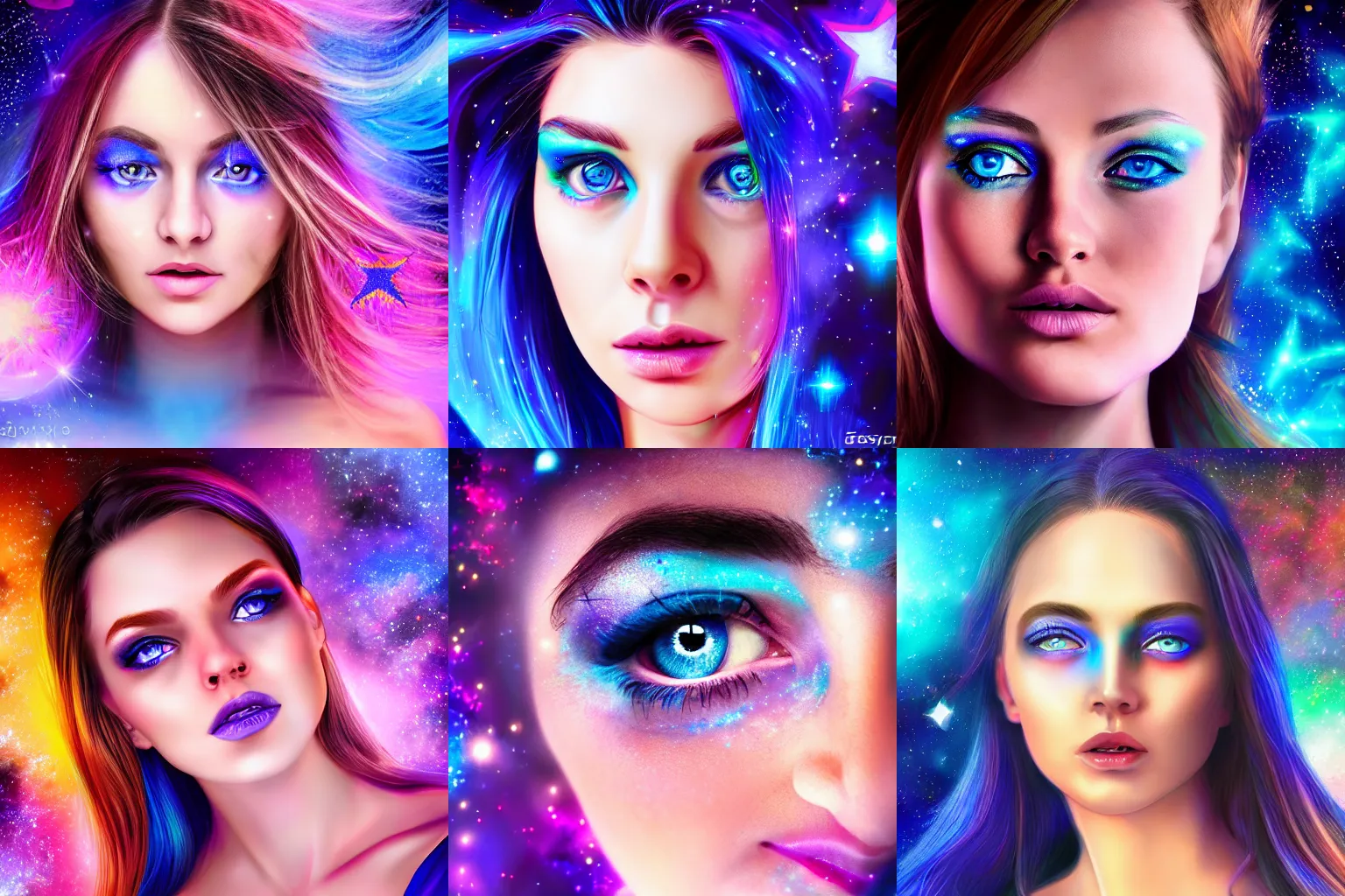 Prompt: a beautiful colorful digital realistic closeup portrait of an attractive girl with blue violet eyes and open third eye spiritual art, space background, breathtaking stars lights shining, hyperrealistic, photorealistic, hyper sharp, 4k, detailed, hypermaximalist, 8k, hyper realistic, 4k HDR,
