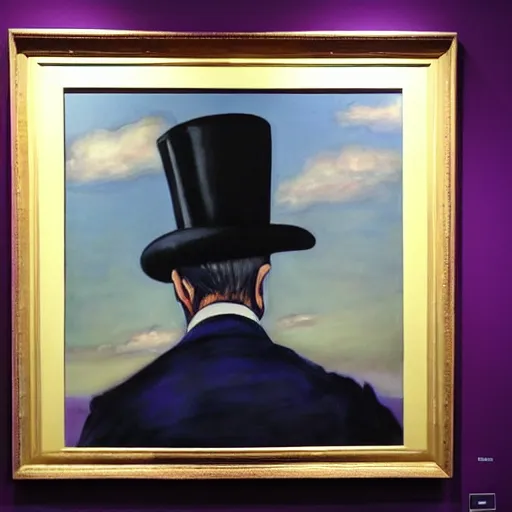 Image similar to in an art gallery, there is a huge painting of an elephant by marlene dumas. a man in a top hat and a suit is looking up at the painting. cgsociety, surrealism, surrealist, dystopian art, purple color scheme