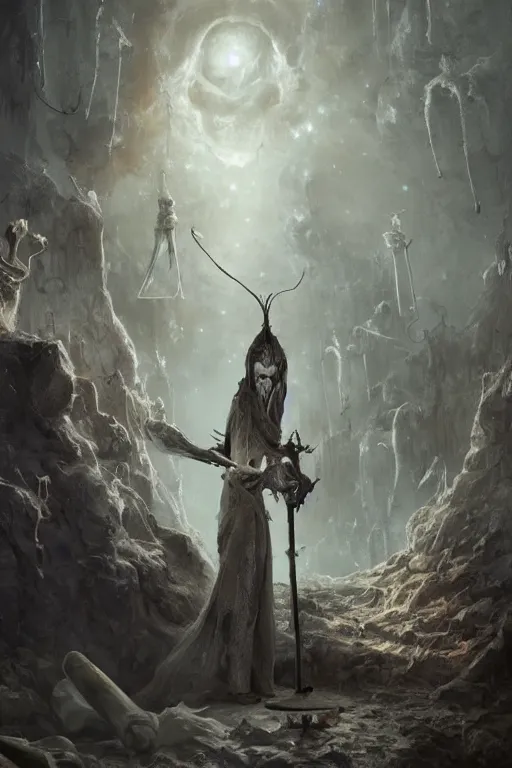 Image similar to a necromancer with a staff casts a spell that reveals the secret of life the universe and everything, dirty linen robes, staff of bones, grizzled bearded withered man by jessica rossier and hr giger