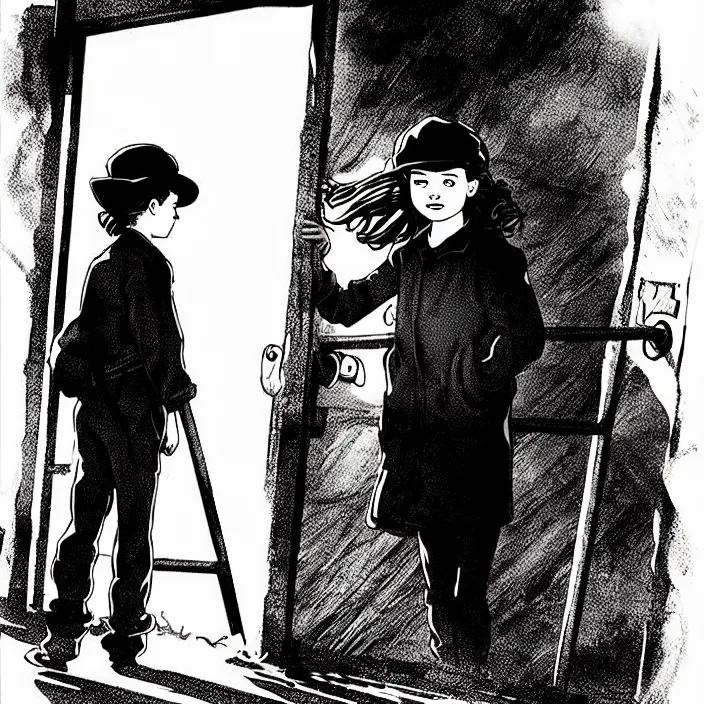 Image similar to [ sadie sink in dirty workmen clothes waves goodbye ] to workmen. near a gate. background : factory, dirty, polluted. technique : black and white pencil and ink. by gabriel hardman, joe alves, chris bonura. cinematic atmosphere, detailed and intricate, perfect anatomy