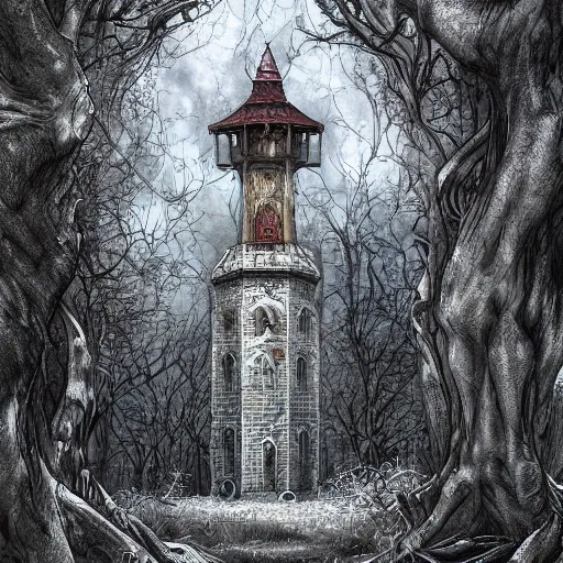 Image similar to an archaic tower looming over a grove of ancient trees, in the style of ayami kojima, realistic digital painting, medieval fantasy, very detailed