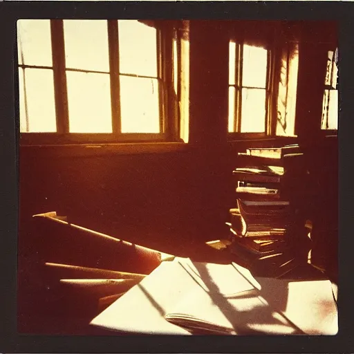 Image similar to 1880, inside a writer room, many books, piles of books, beautiful light, long shadows, 50 mm lens, polaroid photo, yellowed, crackles, scratches, dust, stains