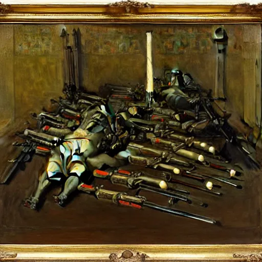 Image similar to Still life of a combat mech surrounded by its weapons, by Henri Fantin-Latour