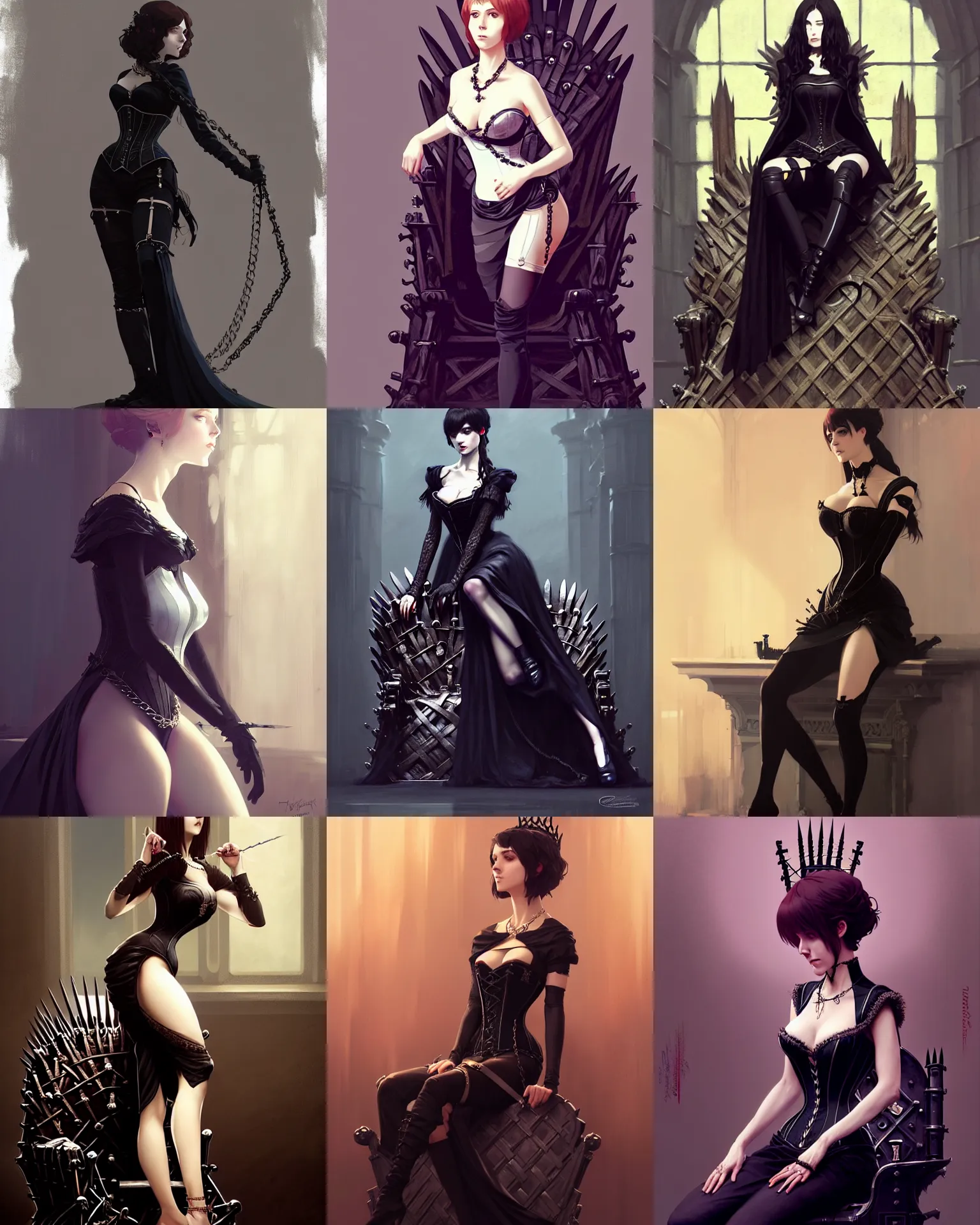 Prompt: an elegant gothic princess, very tight corset, chains, sitting on the iron throne, full body, style of ilya kuvshinov and greg rutkowski, masterpiece, very high quality, intricate, high resolution