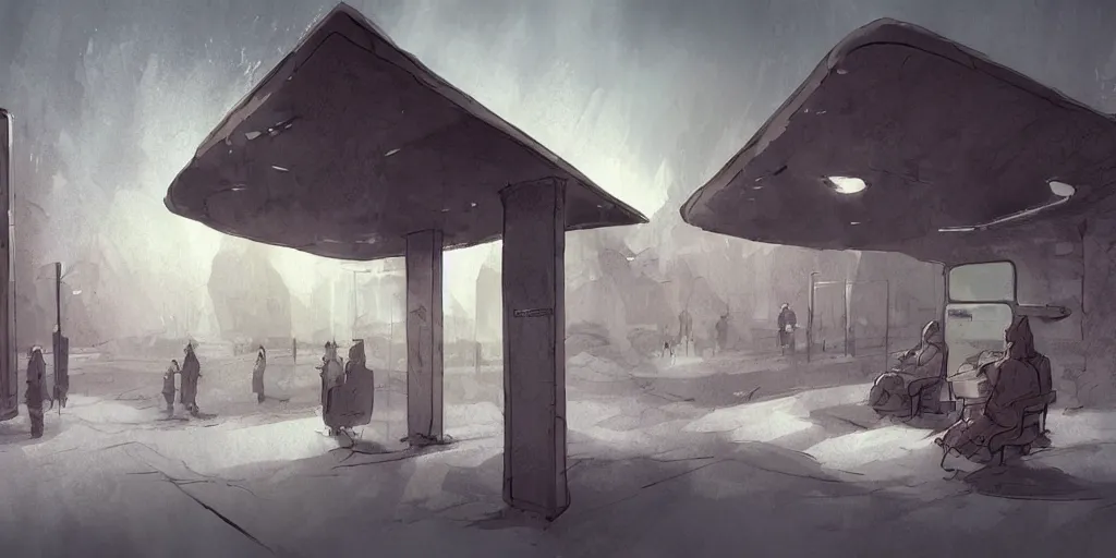 Image similar to concept art of a bus stop with walls for the far north in style of marc simonetti