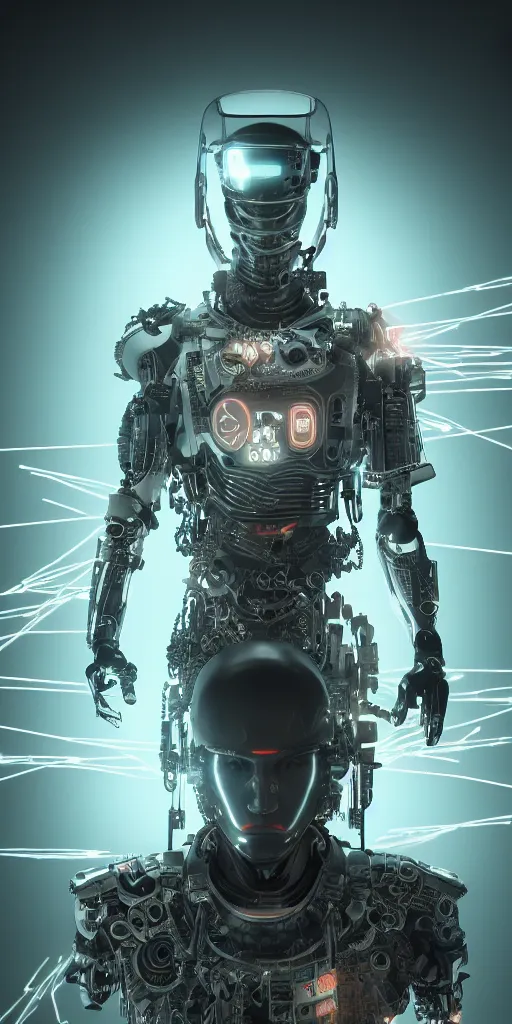 Image similar to ultra realistic and intricate detailed photograph of a cyborg samurai surrounding by neon lights, hyperrealistic, detailed, depth of field, High definition, 8k, depth of field, octane render, artstation