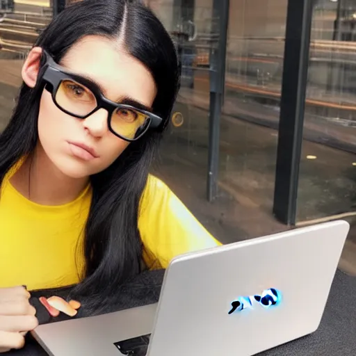 Prompt: black haired girl oval face cute ears large prada glasses with industrial piercing. she is wearing a yellow top and shorts. She is using a laptop