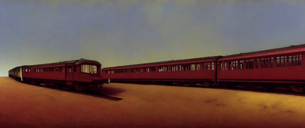 Prompt: A victorian train going nowhere, Edward Hopper and James Gilleard, Zdzislaw Beksinski, Mark Ryden, Wolfgang Lettl highly detailed