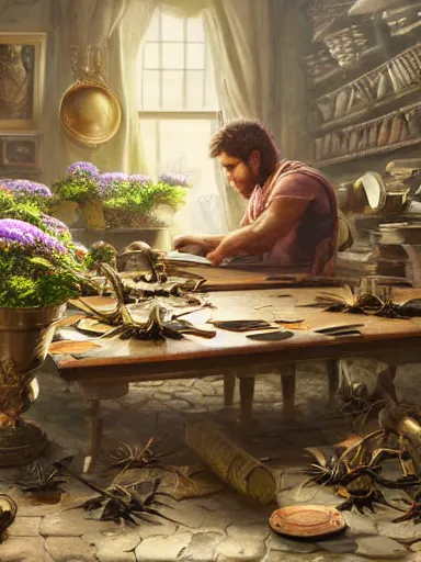 Image similar to a powerful male socerer, studying in a table full of artifacts. weeds anf flowers growing on the floor. intricate, elegant, highly detailed, digital painting, artstation, concept art, sharp focus, illustration, by justin gerard and artgerm, 8 k