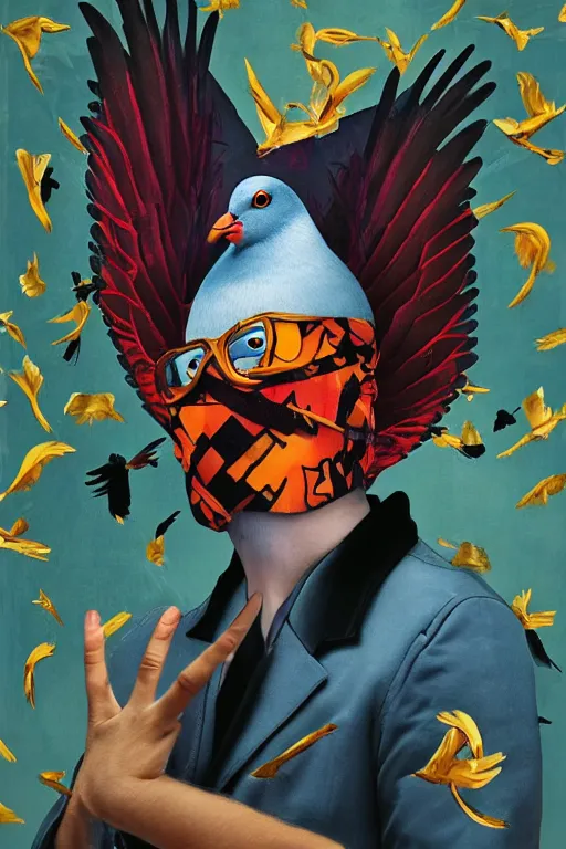 Image similar to a portrait of a pigeon ninja, in the style of david lachapelle