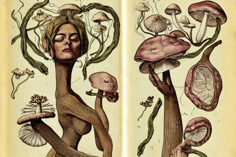 Image similar to a page from an old botany book of a woman with mushrooms sprouting all over her skin who looks distressed. in the style of franz kafka the metamorphosis. trending on artstation.