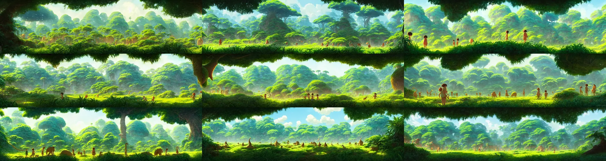 Prompt: a wholesome animation key shot of a sunny prehistoric jungle panorama, studio ghibli, pixar and disney animation, sharp, rendered in gouache painting, anime gouache key art by greg rutkowski, bloom, dramatic, dynamic lighting