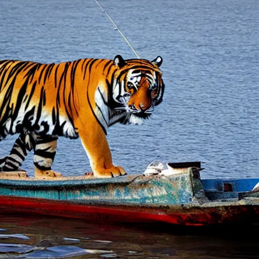 Prompt: tiger caught by fishing boat, zenith view,