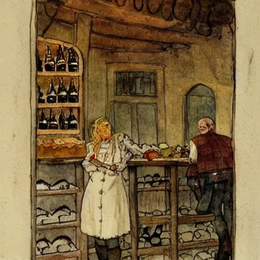 Prompt: hot blonde working in a wine cellar, food, pork, beer, schnapps, rustic, traditional, torches on the wall, watercolor by carl larsson