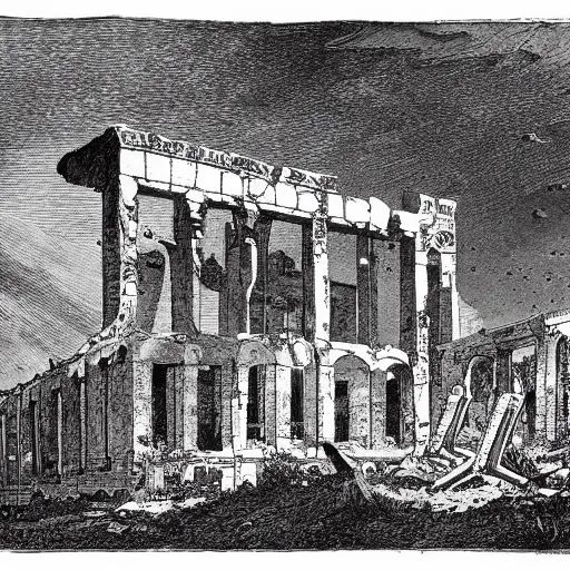 Prompt: abandoned ruins of interplanetary city etching by gustav dore lineart