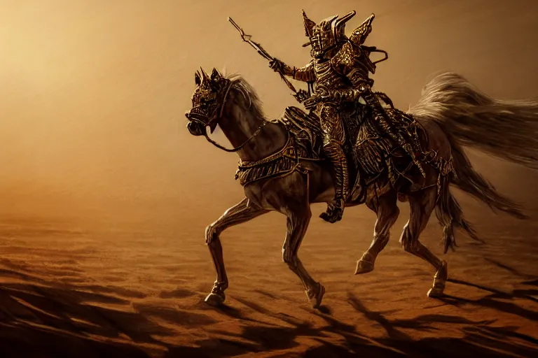 Image similar to the king in the desert dead on the ground, gold armour destroyed, killed, blood on gold sand, dark tragic scene, detailed scene, killed in war, fallen Crown, highly detailed, blood and dust, cinematic lighting, dramatic lighting, trending on artstation, elegant, intricate, tragedy, fantasy, D&D, highly detailed, digital painting, concept art