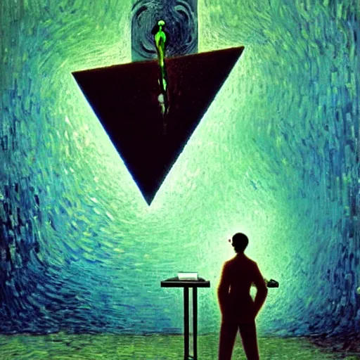 Image similar to A man programs A.I. on a laptop in a climbing gym - award-winning digital artwork by Salvador Dali, Beksiński, Van Gogh and Monet. Stunning lighting