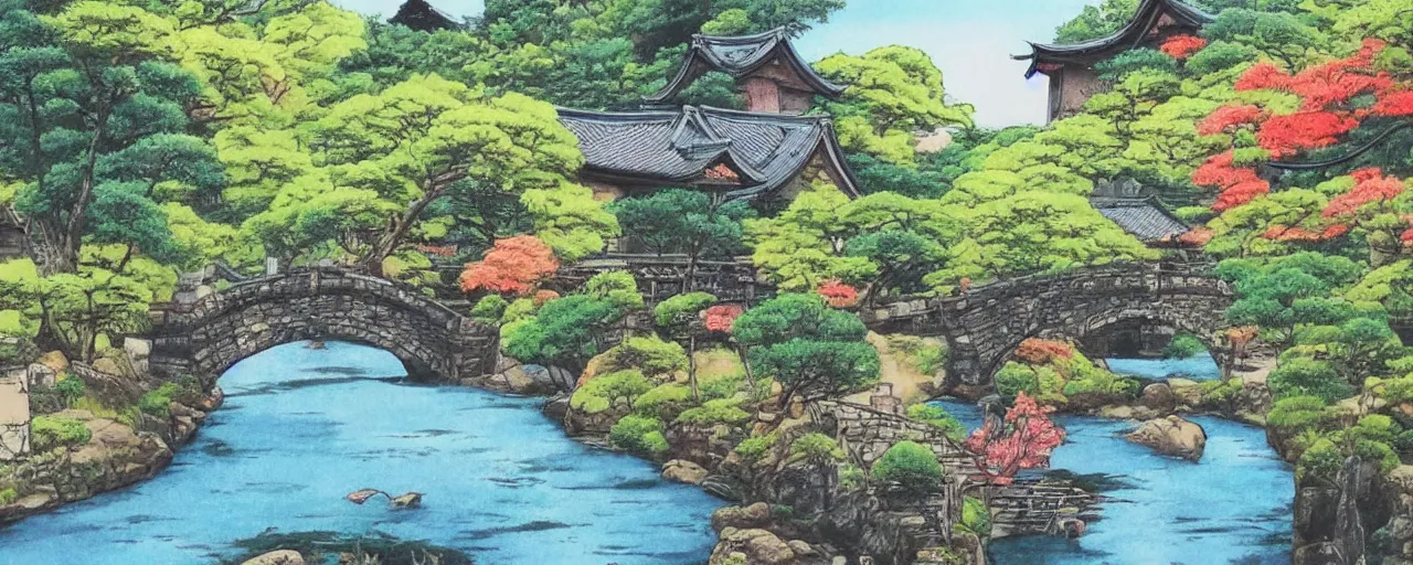 Image similar to a river running through a medieval village, summer, beautiful colors, japanese traditional art, award winning